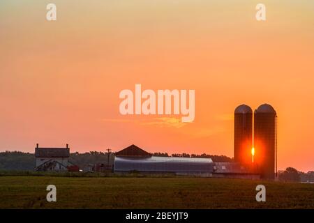 Farm buildings with silos at sunrise, Wonderland Road, near London, Ontario, Canada Stock Photo