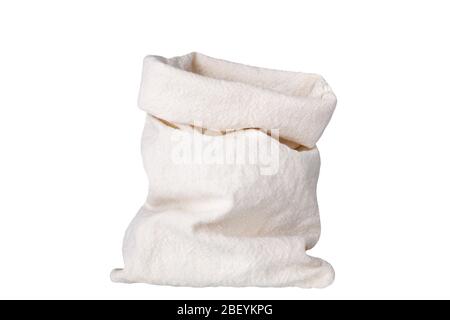 Burlap sack on white background isolated close up, rough rustic full linen pack, empty beige canvas bag, one open bagging textile bagful, money bag Stock Photo