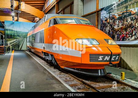 TGV Sud-Est, a high speed SNCF train, now on display in the Cité du Train railway museum in Mulhouse, France. February 2020. Stock Photo