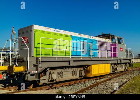 SNCF Class Y 7100 diesel shunting engine, now on display in the Cité du Train railway museum in Mulhouse, France. February 2020. Stock Photo