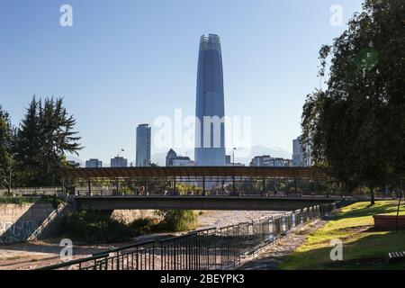 SANTIAGO, SANTIAGO METROPOLITAN REGION, CHILE. A bridge crossing Mapocho river in the Coastal Park. Stock Photo