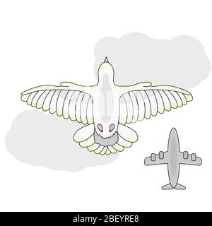 cartoon white dove bottom view flying in the sky against a background of clouds and an airplane. white background isolated stock vector illustration Stock Vector