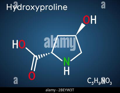 Hydroxyproline , Hyp, C5H9NO3 molecule. It is is a common proteinogenic amino acid and a major component of the protein collagen. Structural chemical Stock Vector