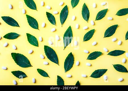 Pattern of mint leaves and white pills for refreshing breath on yellow background. Top view. Minimal design background. Stock Photo