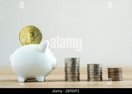 Money savings concepts stack coin with bitcoin to put in piggy bank to spend on expenses such as savings, tourism, investment, emergency, retirement o Stock Photo