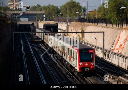 SANTIAGO, CHILE - MARCH 2016: A Santiago Metro train near Neptuno and San Pablo stations Stock Photo