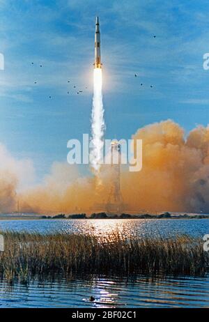 (21 Dec. 1968)--- The Apollo 8 (Spacecraft 103/Saturn 503) space vehicle is launched from Pad A, Launch Complex 39, Kennedy Space Center (KSC), at 7:51 a.m. (EST), Dec. 21, 1968. The crew of the Apollo 8 lunar orbit mission is astronauts Frank Borman, commander; James A. Lovell Jr., command module pilot; and William A. Anders, lunar module pilot. Apollo 8 is the first manned Saturn V launch. Stock Photo