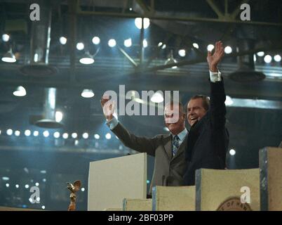 President Nixon and Vice-President Agnew receive the acclamation of the 1972 Republican National Convention after their nomination Stock Photo