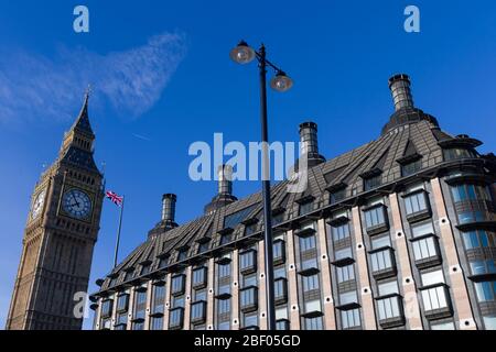 The Elizabeth Tower which houses the clock is popularly know as 'Big Ben' part of the Palace of Westminster commonly known as the Houses of Parliament Stock Photo