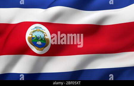 Flag of Costa Rica blowing in the wind. Full page Costa Rican flying flag. 3D illustration. Stock Photo