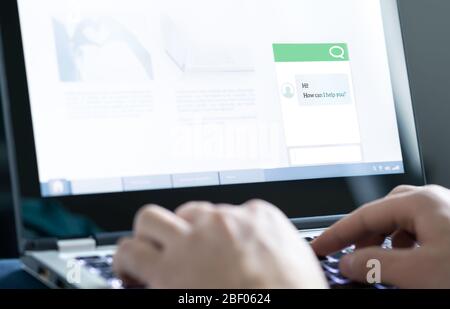 Chatbot or live chat with customer help assistant on business website. AI technology and conversation with automated messages. Client care and service. Stock Photo