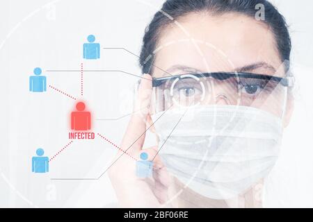 Young woman with a surgery mask, analyzing infected people on monitor. Coronavirus outbreaking Stock Photo