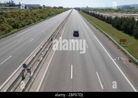 Valence (south-eastern France), April 4, 2020: almost no traffic on the highway A7 during the quarantine, coronavirus outbreak Stock Photo