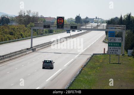 Valence (south-eastern France), April 4, 2020: almost no traffic on the highway A7 during the quarantine, coronavirus outbreak Stock Photo
