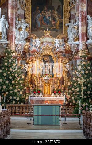 Feb 1, 2020 - Steingaden, Germany: Main altar with bible statues inside Pilgrimage Church of Wies Wieskirche Stock Photo