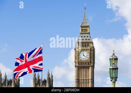 The Elizabeth Tower which houses the clock is popularly know as 'Big Ben' part of the Palace of Westminster commonly known as the Houses of Parliament Stock Photo