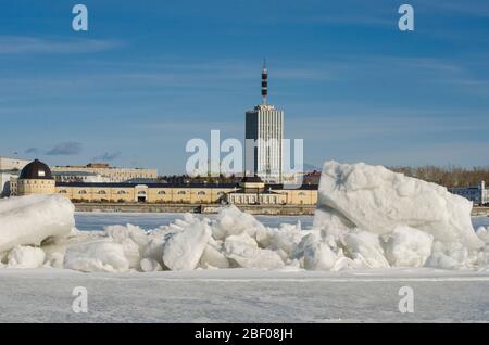 Ice drift in the city of Arkhangelsk. Ice on the Northern Dvina River Stock Photo