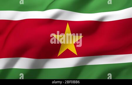 Flag of Suriname blowing in the wind. Full page Suriname flying flag. 3D illustration. Stock Photo