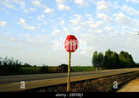 Centered stop sign on the side of a road, camion de santiago, Spain. Stock Photo