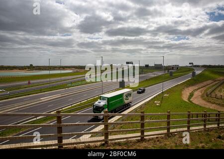 PIC BY GEOFF ROBINSON PHOTOGRAPHY 07976 880732.   Picture dated April 13 shows main A1 road at Huntingdon in Cambridgeshire on Bank Holiday Monday lunchtime as most people stay at home and leave the roads empty.   The roads across Britain were empty today on Easter Bank Holiday Monday (Mon) as lockdown continues to help stop the spread of coronavirus. There were 12 million leisure car journeys made over the Easter Bank Holiday weekend last year, but today the main A1 road at Huntingdon in Cambridgeshire was deserted.  The Easter holidays are traditionally a time to get-away but this year the g Stock Photo