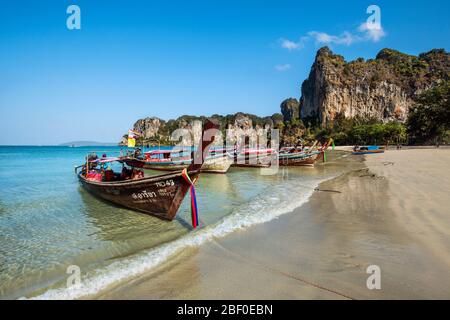 Beautiful white sand beach with blue water, Railay Beach in Krabi province. Ao Nang, Thailand. Stock Photo