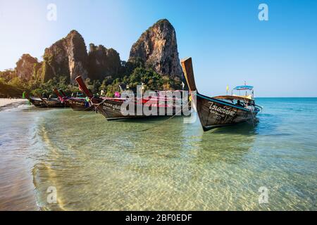 Beautiful white sand beach with blue water, Railay Beach in Krabi province. Ao Nang, Thailand. Stock Photo