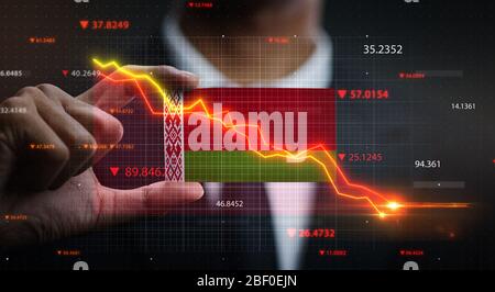 Graph Falling Down in Front Of Belarus Flag. Crisis Concept Stock Photo