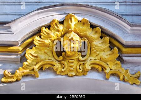 St. Petersburg, Russia, summer 2019: Tsarskoye Selo, a bas-relief in the form of a human head on the service wing of the Catherine Palace Stock Photo