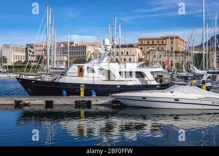 Boats in La Cala area of Port of Palermo city of Southern Italy, the capital of autonomous region of Sicily Stock Photo