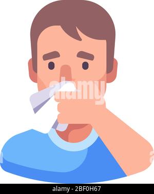 Man covering his nose and mouth when sneezing. Infection prevention flat illustration Stock Vector