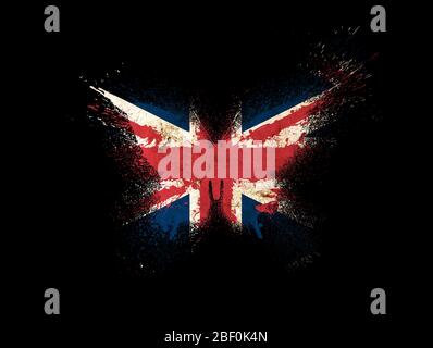 UK flag in the form of a butterfly silhouette with paint splash.Butterfly silhouette in national colors of Great Britain flag in grunge style with pai Stock Photo