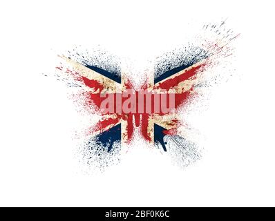 Butterfly silhouette in national colors of Great Britain flag in grunge style with paint splatters isolated on a white background. UK flag in the shap Stock Photo