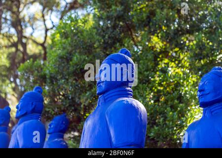 Blue terracotta warriors figures army. In Bacalhoa Buddha Eden garden in Portugal  . Bombarral - Portugal . Stock Photo