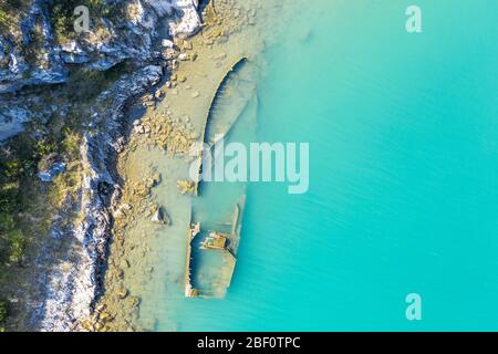 an aerial view of the sinking German ship Fritz from World War II in the bay of Salamustica in the Rasa bay, Istria, Croatia