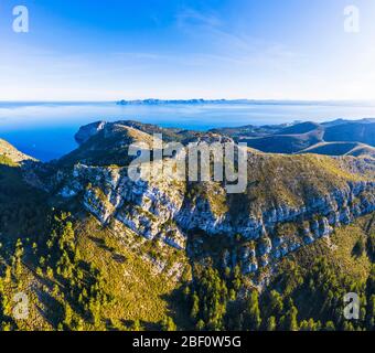 Mountain Talaia d'Alcudia, peninsula La Victoria, near Alcudia, in the back Peninsula de Llevant, Raiguer region, aerial view, Majorca, Balearic Stock Photo
