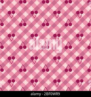 cherries on pink gingham seamless vector pattern Stock Vector