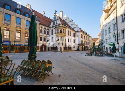 Empty square with Hofbraeuhaus, Platzl, Old Town, Munich, Upper Bavaria, Bavaria, Germany Stock Photo