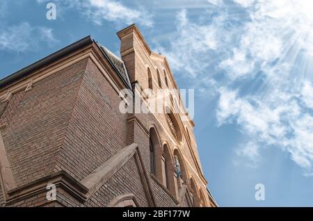 Bottom view Catholic Cathedral of the Assumption of the Virgin Mary Tbilisi Georgia in the sunrays Stock Photo