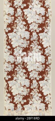 Sidewall. Diamond-shape clusters of foliage and flowers are connected in vertical rows so that the widest part in one row alternates with the narrowest part of the next row. Shades of gray on maroon flock ground. Length includes two full repeats of pattern. Stock Photo