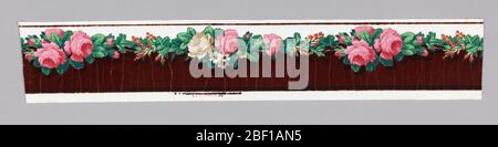 Border. Horizontal rectangle. Cluster of pink roses alternating horizontally with cluster of pink and white roses and white daisies. Green leaves. Ground at top is white, glazed. Below the flower band the field is dark red flock. Stock Photo