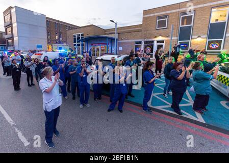 Southend University Hospital, Southend on Sea, Essex, UK. 16th Apr, 2020. Police, fire, breakdown crews  and health services gathered outside of the entrance to Southend Hospital to join in with the ‘Clap for Carers’ now regularly being held at 8pm every Thursday evening in the UK to thank NHS and key workers during the COVID-19 Coronavirus pandemic. NHS staff gathered outside to receive and join in with the applause Stock Photo