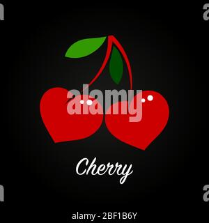 cherries in the form of red hearts with green leaves on a black background. Flat illustration, berry logo. vector Stock Vector