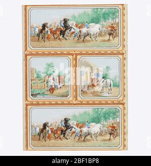 The Horse Fair. Vertical rectangle, ashlar block-style design divided by framework of architectural bead and reel molding in yellow and brown into two long rectangles, top and bottom, with two squares between. Stock Photo
