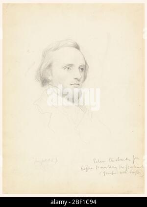 Sketch of Peter Richards Head for his Portrait. Young man with a short beard, facing halfway towards the right. His collar is suggested in outline. Name and note, lower right. Stock Photo