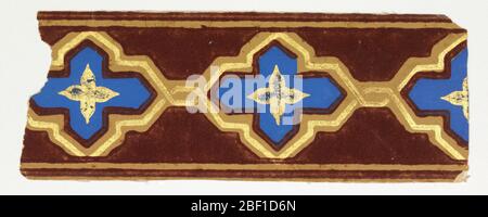 Border. Blue quatrefoils in gold framework against a burgundy flock ground. Stock Photo