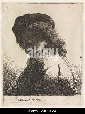 Rembrandt in Cap and Scarf. Self-portrait of the artist. Bust, looking at spectator over left shoulder. He wears a scarf and dark cap. The face is almost completely in shadow. Stock Photo