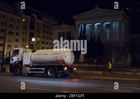 Athens, Greece. 16th Apr, 2020. Athens Municipality staff disinfects the center of Athens on a daily basis. Greece on lockdown since March 22nd counts to date 2207 confirmed Covid-19 cases and 105 fatalities. Credit: Nikolas Georgiou/ZUMA Wire/Alamy Live News Stock Photo