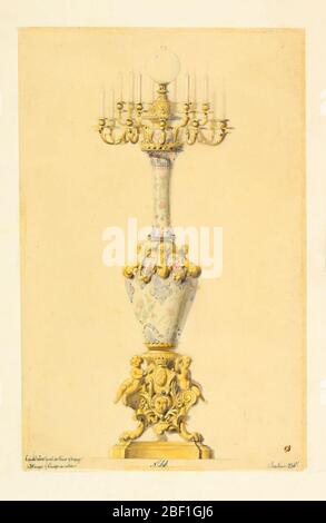 Design for a Gas Lamp and Candelabrum. This drawing depicts a candelabrum and gas lamp consisting of a tall-necked porcelain vase in a floral design. The vase is mounted on a gilt-bronze tri-footed base, with putti flanking a coat-of-arms surmounting a female mask. Stock Photo