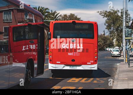 SANTIAGO, CHILE - JANUARY 2020: A Red Movilidad (Ex Transantiago) bus in downtown Santiago Stock Photo
