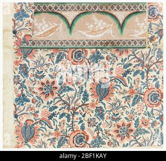 Sidewall and border. Red and blue floral paper on a white ground in the style of an 'Indian printed' with a border attached. Might have been printed from textile block. Border is simulation of lace drapery. Stock Photo